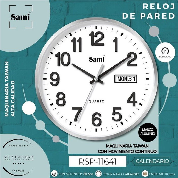SAMI Reloj de Pared Red 30cm en Aluminio con Visualizador de Día/Fecha, Modelo HQ Taiwan, Ideal para Hogar u Oficina