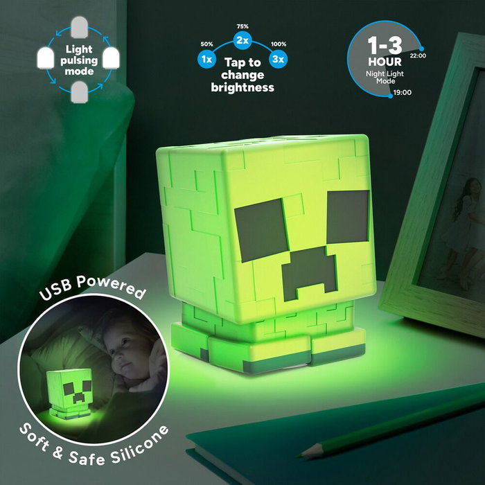 PALADONE Lampara de Silicona SquishyGlo Creeper Minecraft - 15cm, 3 Niveles de Brillo, Apagado Automatico, Recargable USB