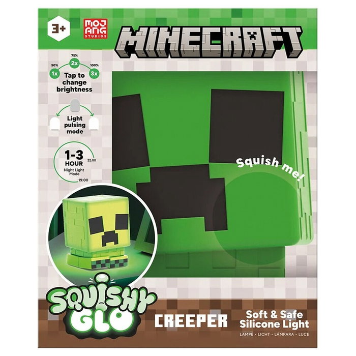 PALADONE Lampara de Silicona SquishyGlo Creeper Minecraft - 15cm, 3 Niveles de Brillo, Apagado Automatico, Recargable USB