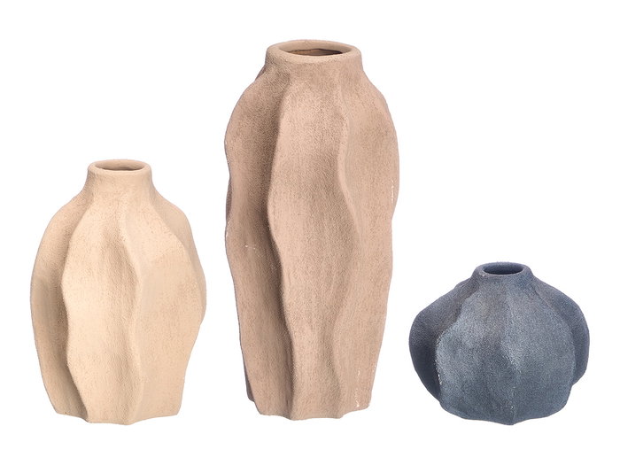 Giftdecor Set de 3 Jarrones Terra Ondas de Cerámica, Colores Surtidos (Beige, Marrón, Negro) - 28x11.5x22.5 cm (Set de 4)