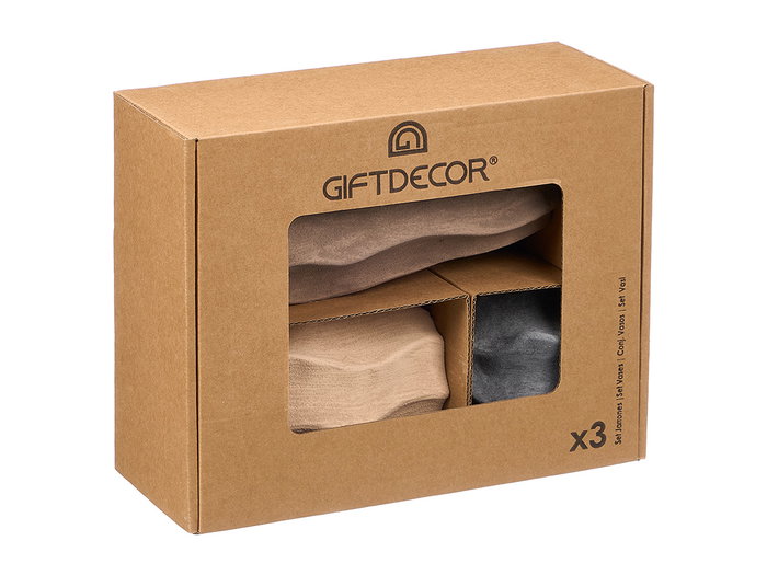 Giftdecor Set de 3 Jarrones Terra Ondas de Cerámica, Colores Surtidos (Beige, Marrón, Negro) - 28x11.5x22.5 cm (Set de 4)