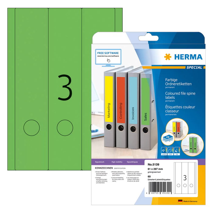 HERMA Etiquetas para archivadores verdes 61,0 x 297,0 mm HERMA Etiquetas para archivadores verdes 61,0 x 297,0 mm