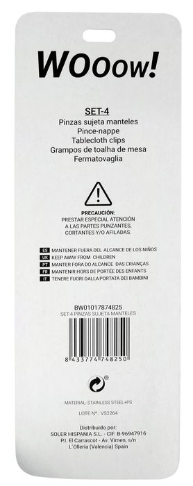 Wooow Set 4 Pinzas Sujeta Manteles Privilege 4.5 x 1.5 x 4.5 cm (36 Unidades)