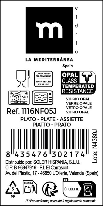 La Mediterranea Plato Hondo 23 cm Opal Colección Palaos (36 Unidades)