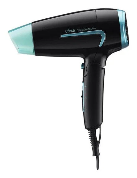 Ufesa Trip&Dry Secador de Pelo Compacto y Plegable para Viaje, 1600 W, 2 Velocidades, 2 Temperaturas, Voltaje Universal, Accesorio Difusor y Concentrador, Negro y Azul