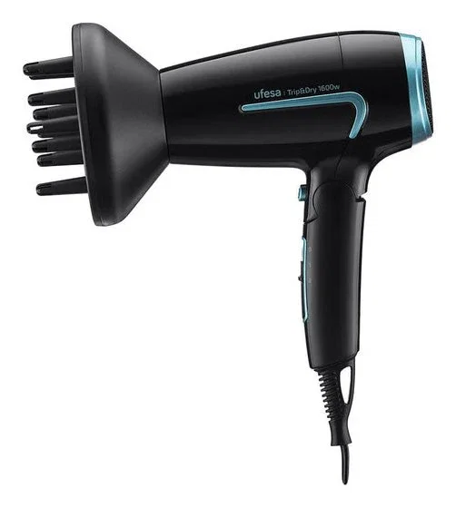 Ufesa Trip&Dry Secador de Pelo Compacto y Plegable para Viaje, 1600 W, 2 Velocidades, 2 Temperaturas, Voltaje Universal, Accesorio Difusor y Concentrador, Negro y Azul