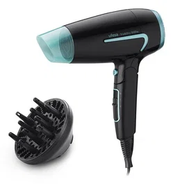 Ufesa Trip&Dry Secador de Pelo Compacto y Plegable para Viaje, 1600 W, 2 Velocidades, 2 Temperaturas, Voltaje Universal, Accesorio Difusor y Concentrador, Negro y Azul