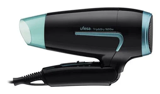 Ufesa Trip&Dry Secador de Pelo Compacto y Plegable para Viaje, 1600 W, 2 Velocidades, 2 Temperaturas, Voltaje Universal, Accesorio Difusor y Concentrador, Negro y Azul