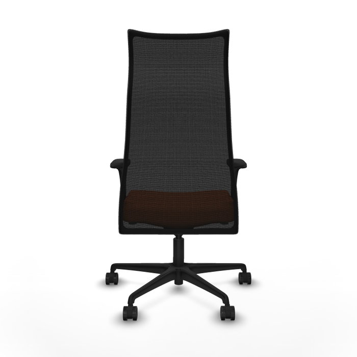 Sillón Albacete con mecanismo Sincro tapizada con Tela color Naranja y malla color Negro. Equipado con Base nailon negra, Brazos 1D y Ruedas 65mm nailon