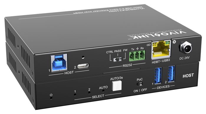 Vivolink VLUSB3EXT100D Extensor USB 3.2 Gen1 HDBT Host, 4 Puertos USB 3.0, Alcance 100m por Cable de Red Cat5e/6/7, para Cámaras, Pantallas Táctiles