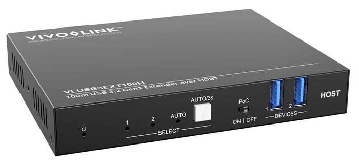 Vivolink VLUSB3EXT100D Extensor USB 3.2 Gen1 HDBT Host, 4 Puertos USB 3.0, Alcance 100m por Cable de Red Cat5e/6/7, para Cámaras, Pantallas Táctiles