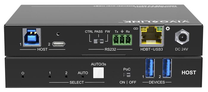 Vivolink VLUSB3EXT100D Extensor USB 3.2 Gen1 HDBT Host, 4 Puertos USB 3.0, Alcance 100m por Cable de Red Cat5e/6/7, para Cámaras, Pantallas Táctiles