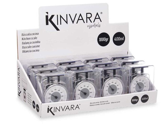 Kinvara Báscula Cocina 1Kg con Recipiente 400Ml Transparente Plástico (PS) 11x16x9cm (Set de 24)
