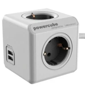 Allocacoc PowerCube Extended 1407/DEEUPC Base Múltiple con USB, 4 Tomas AC Tipo F + 2 Puertos USB, Cable 3m, Color Gris y Blanco