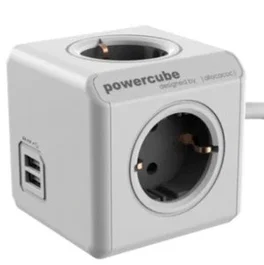 Allocacoc PowerCube Extended 1407/DEEUPC Base Múltiple con USB, 4 Tomas AC Tipo F + 2 Puertos USB, Cable 3m, Color Gris y Blanco