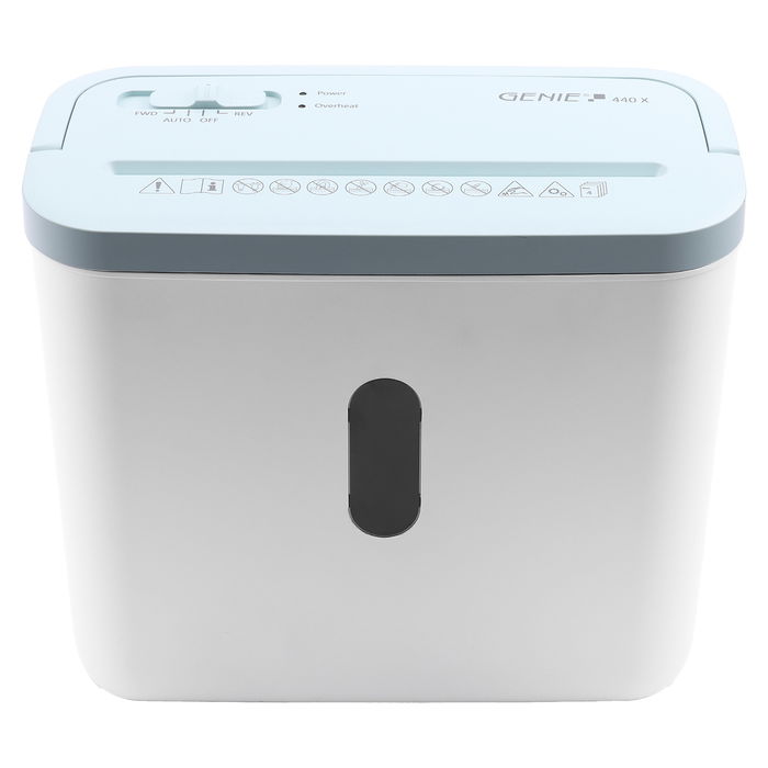 GENIE 440 X BL - Destructora de documentos, trituradora de papel corte cruzado (4x38mm, 8L), 4 hojas A4, seguridad P-4, color blanco y azul GENIE 440 X BL - Destructora de documentos, trituradora de papel corte cruzado (4x38mm, 8L), 4 hojas A4, seguridad P-4, color blanco y azul