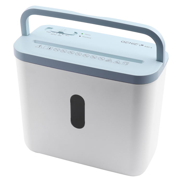GENIE 440 X BL - Destructora de documentos, trituradora de papel corte cruzado (4x38mm, 8L), 4 hojas A4, seguridad P-4, color blanco y azul GENIE 440 X BL - Destructora de documentos, trituradora de papel corte cruzado (4x38mm, 8L), 4 hojas A4, seguridad P-4, color blanco y azul
