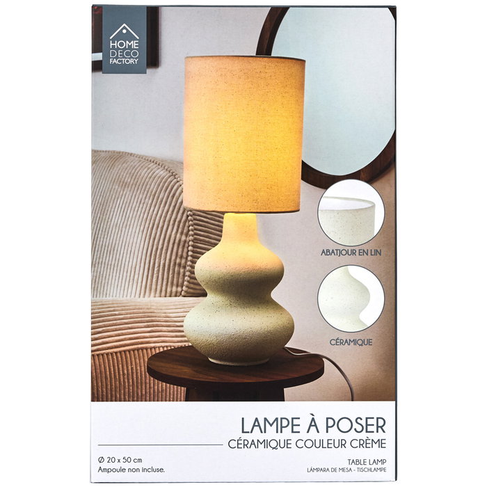Home Deco Factory Lámpara de Mesa Cerámica con Pantalla de Lino, Estilo Natural, Color Crema, 50 cm de Altura x 20 cm de Diámetro