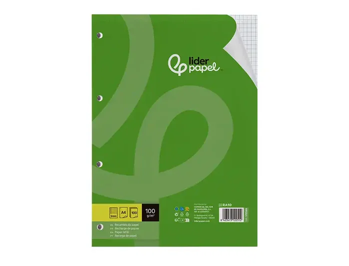 Liderpapel Recambio A4 100 Hojas Cuadriculado 5mm con Margen y 4 Taladros Liderpapel Recambio A4 100 Hojas Cuadriculado 5mm con Margen y 4 Taladros