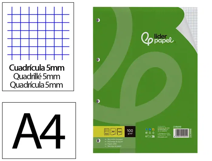 Liderpapel Recambio A4 100 Hojas Cuadriculado 5mm con Margen y 4 Taladros Liderpapel Recambio A4 100 Hojas Cuadriculado 5mm con Margen y 4 Taladros