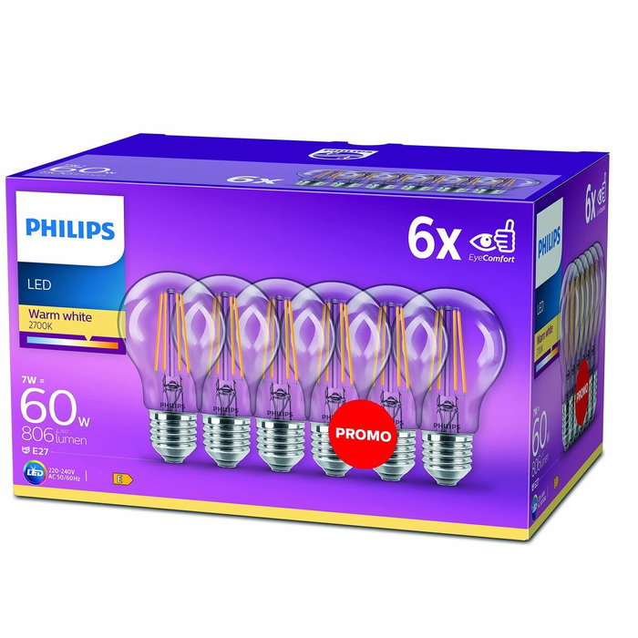 Philips Paquete de 6 Bombillas LED Transparentes E27 60W Blanco