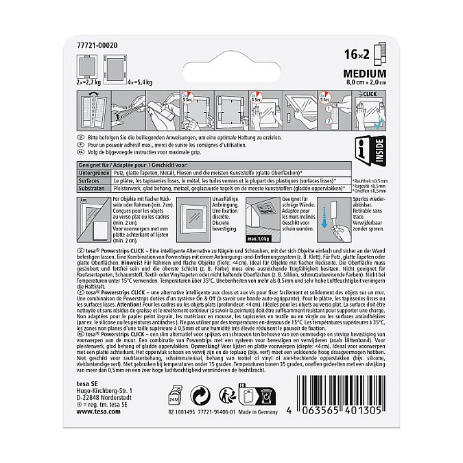 Tesa Powerstrips CLICK MEDIUM 5.4kg autoadhesivo 16x2