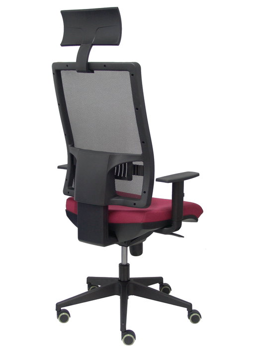 Silla de oficina Horna con mecanismo Sincro tapizada con Tela color Granate y malla color Negro. Equipada con lumbar 1D, Brazos 1D, Cabecero Fijo y Ruedas de parqué Silla de oficina Horna con mecanismo Sincro tapizada con Tela color Granate y malla color Negro. Equipada con lumbar 1D, Brazos 1D, Cabecero Fijo y Ruedas de parqué