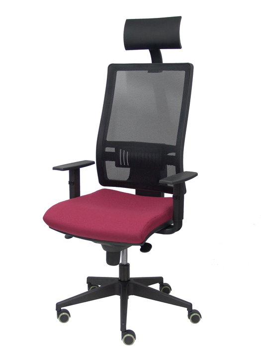 Silla de oficina Horna con mecanismo Sincro tapizada con Tela color Granate y malla color Negro. Equipada con lumbar 1D, Brazos 1D, Cabecero Fijo y Ruedas de parqué Silla de oficina Horna con mecanismo Sincro tapizada con Tela color Granate y malla color Negro. Equipada con lumbar 1D, Brazos 1D, Cabecero Fijo y Ruedas de parqué