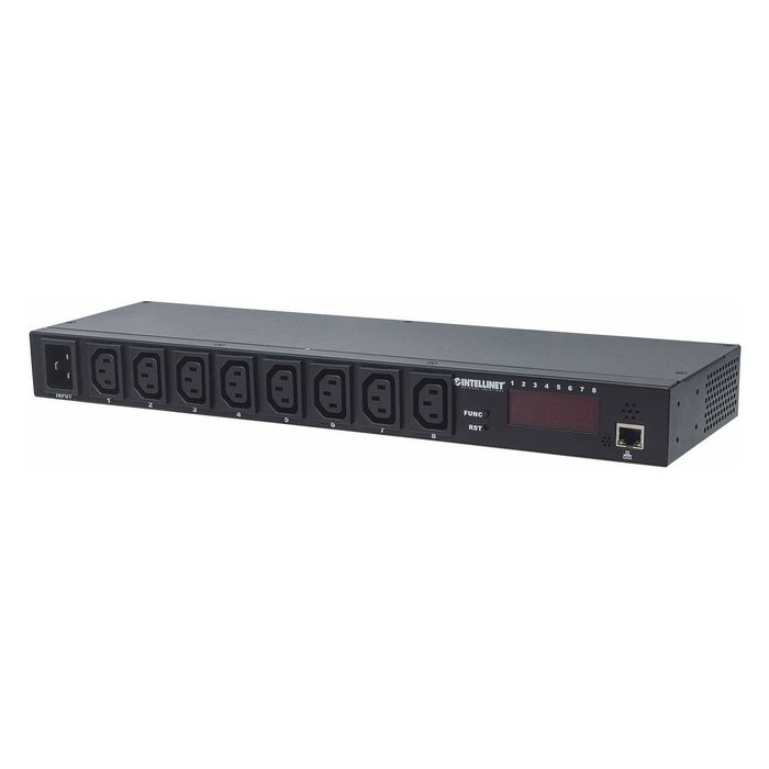 Intellinet PDU Rack 19" 1U 8 Puertos IEC C13 con Entrada C20, Monitoreo de Corriente Temperatura Humedad, Metal Negro, IEC320 C20, 90-240V 20A, CE UL FCC