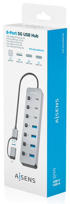 Aisens Hub USB 3.1 Gen1 con 8 Puertos y Botones Independientes, Gris Aisens Hub USB 3.1 Gen1 con 8 Puertos y Botones Independientes, Gris