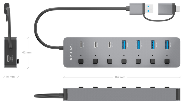 Aisens Hub USB 3.1 Gen1 con 8 Puertos y Botones Independientes, Gris Aisens Hub USB 3.1 Gen1 con 8 Puertos y Botones Independientes, Gris