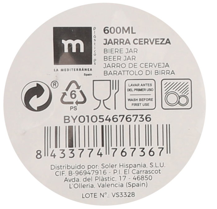 La Mediterranea Jarra Cerveza 600 ml. Dimensiones: 9,3 cm (ancho) x 15,3 cm (alto) x 8,2 cm (largo). (24 Unidades)
