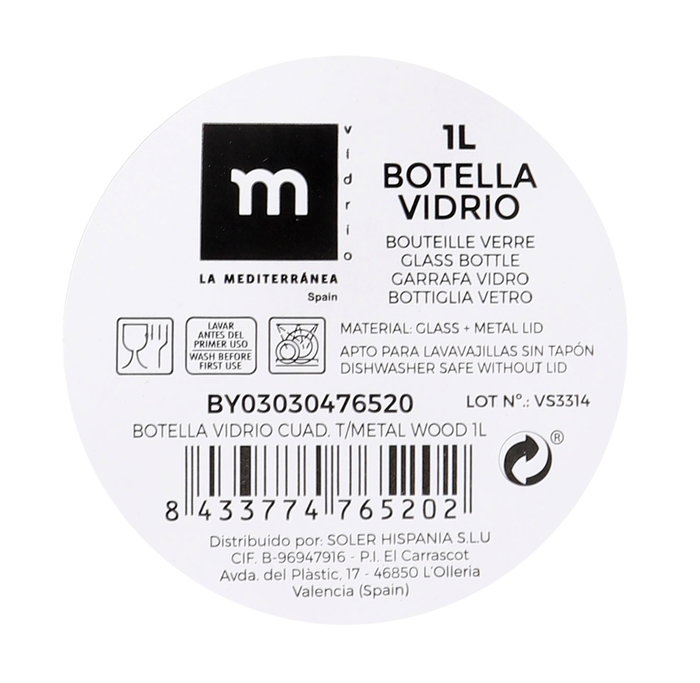 La Mediterranea Botella de Vidrio Cuadrada con Tapa de Metal Wood 1L (Pack de 24)移