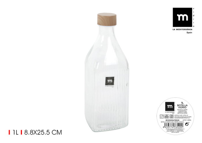La Mediterranea Botella de Vidrio Cuadrada con Tapa de Metal Wood 1L (Pack de 24)移 La Mediterranea Botella de Vidrio Cuadrada con Tapa de Metal Wood 1L (Pack de 24)移