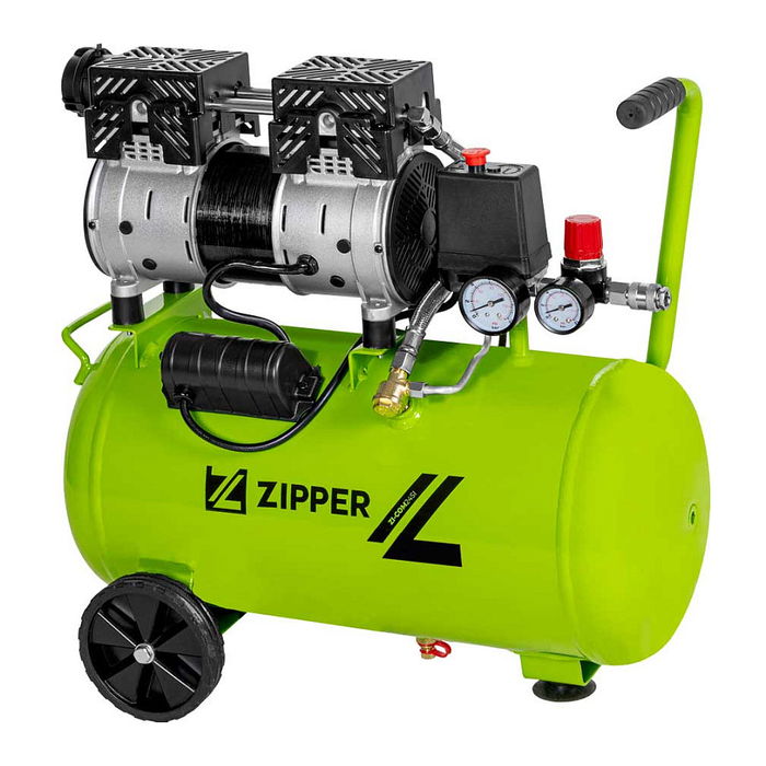 Zipper Compresor de Aire Silencioso ZI-COM24SI 24L, 126 L/min, 8 bar, 750 W, 230V, Negro/Verde claro con Ruedas