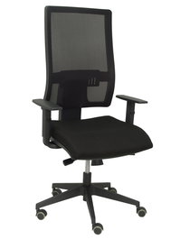 Silla de oficina Horna con mecanismo Sincro tapizada con Tela color Negro. Equipada con lumbar 1D, Brazos 1D y Ruedas de parqué
