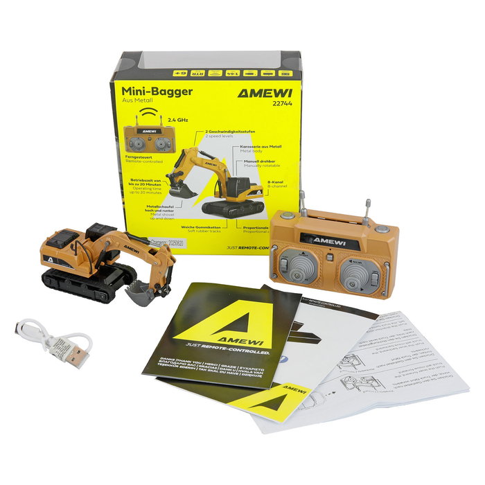 AMEWI 22744 Excavadora Radiocontrol Metal 1:64 RTR, 8 Canales, Motor Eléctrico, 6+ Años, Negro/Gris/Amarillo