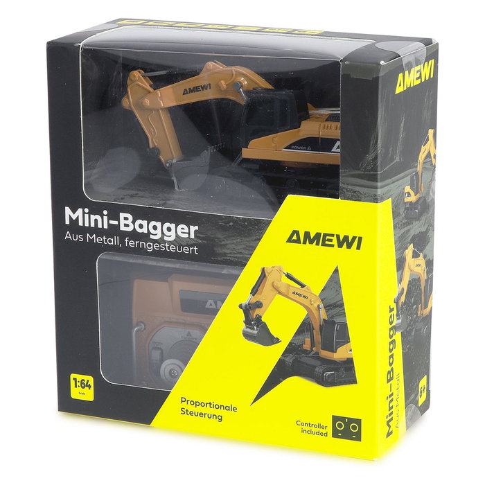 AMEWI 22744 Excavadora Radiocontrol Metal 1:64 RTR, 8 Canales, Motor Eléctrico, 6+ Años, Negro/Gris/Amarillo