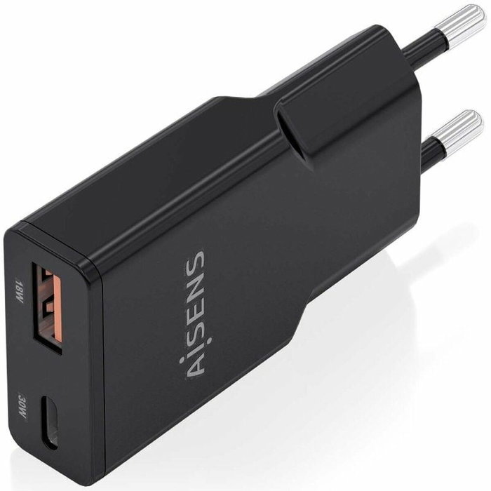 Aisens Cargador GaN 30W Ultra Delgado con USB-C y USB-A, Negro Aisens Cargador GaN 30W Ultra Delgado con USB-C y USB-A, Negro