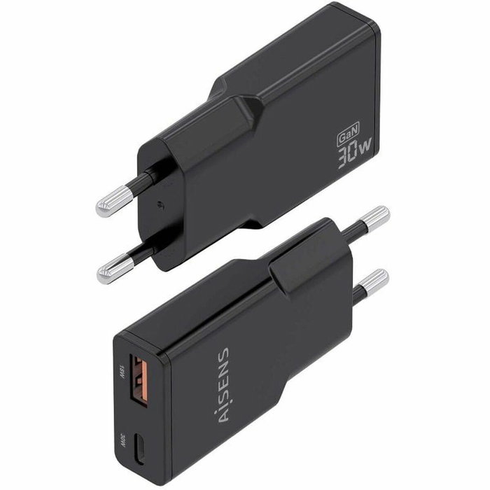 Aisens Cargador GaN 30W Ultra Delgado con USB-C y USB-A, Negro Aisens Cargador GaN 30W Ultra Delgado con USB-C y USB-A, Negro
