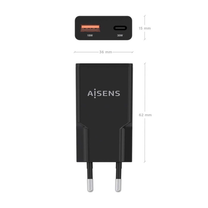 Aisens Cargador GaN 30W Ultra Delgado con USB-C y USB-A, Negro Aisens Cargador GaN 30W Ultra Delgado con USB-C y USB-A, Negro