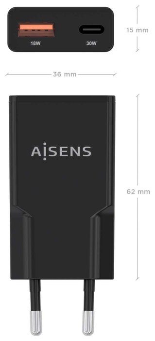 Aisens Cargador GaN 30W Ultra Delgado con USB-C y USB-A, Negro Aisens Cargador GaN 30W Ultra Delgado con USB-C y USB-A, Negro