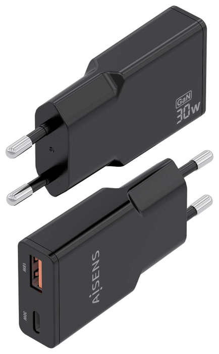 Aisens Cargador GaN 30W Ultra Delgado con USB-C y USB-A, Negro Aisens Cargador GaN 30W Ultra Delgado con USB-C y USB-A, Negro