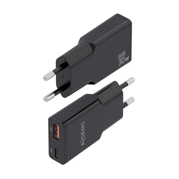 Aisens Cargador GaN Ultra Delgado 30W con USB-C y USB-A, Negro