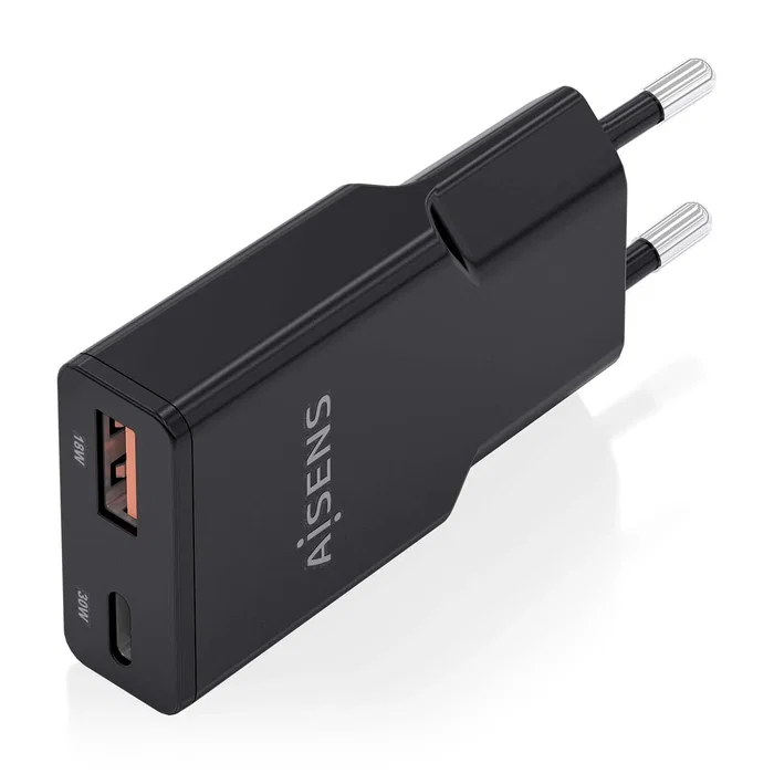 Aisens Cargador GaN Ultra Delgado 30W con USB-C y USB-A, Negro