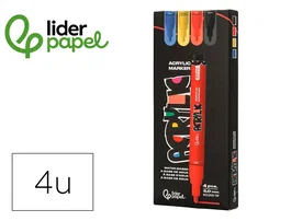 Liderpapel Rotulador Acrylic Base Agua para Todo Tipo de Superficie Punta Redonda 3 mm Caja de 4 Unidades Colores Básicos