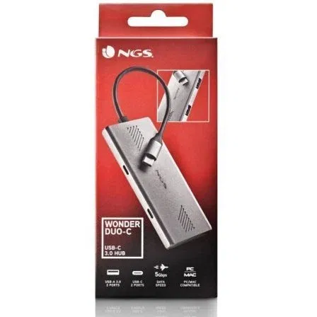 NGS WonderDuo-C Hub USB Tipo-C, 2xUSB-A, 2xUSB-C, Gris, 5 Gbps