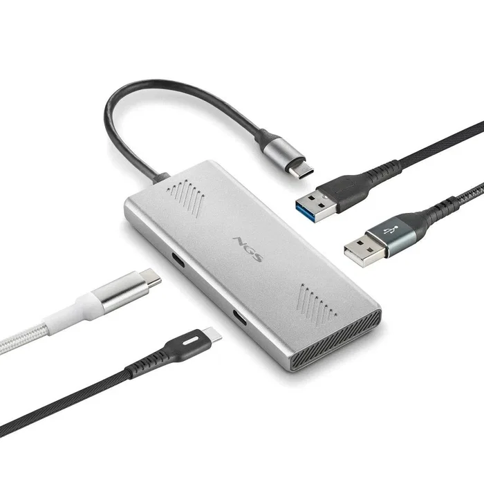 NGS Wonderduo-C Hub USB-C 2x USB 3.2 Tipo A + 2x USB-C 5000 Mbit/s Aluminio Plata