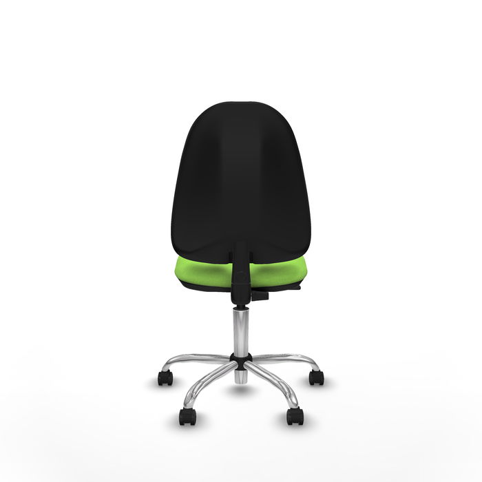 Silla de oficina Algarra con mecanismo Contacto permanente básico tapizada con Tela color Pistacho. Equipada con Base cromada, Sin brazos y Ruedas de parqué