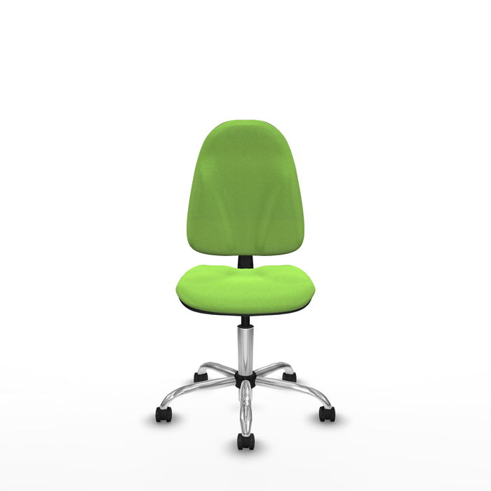 Silla de oficina Algarra con mecanismo Contacto permanente básico tapizada con Tela color Pistacho. Equipada con Base cromada, Sin brazos y Ruedas de parqué